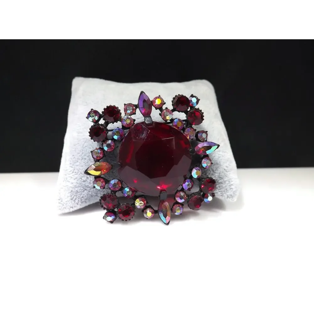 Red Large Rhinestone Aurora Borealis Brooch, Japanned Black Enamel 1970s Vintage